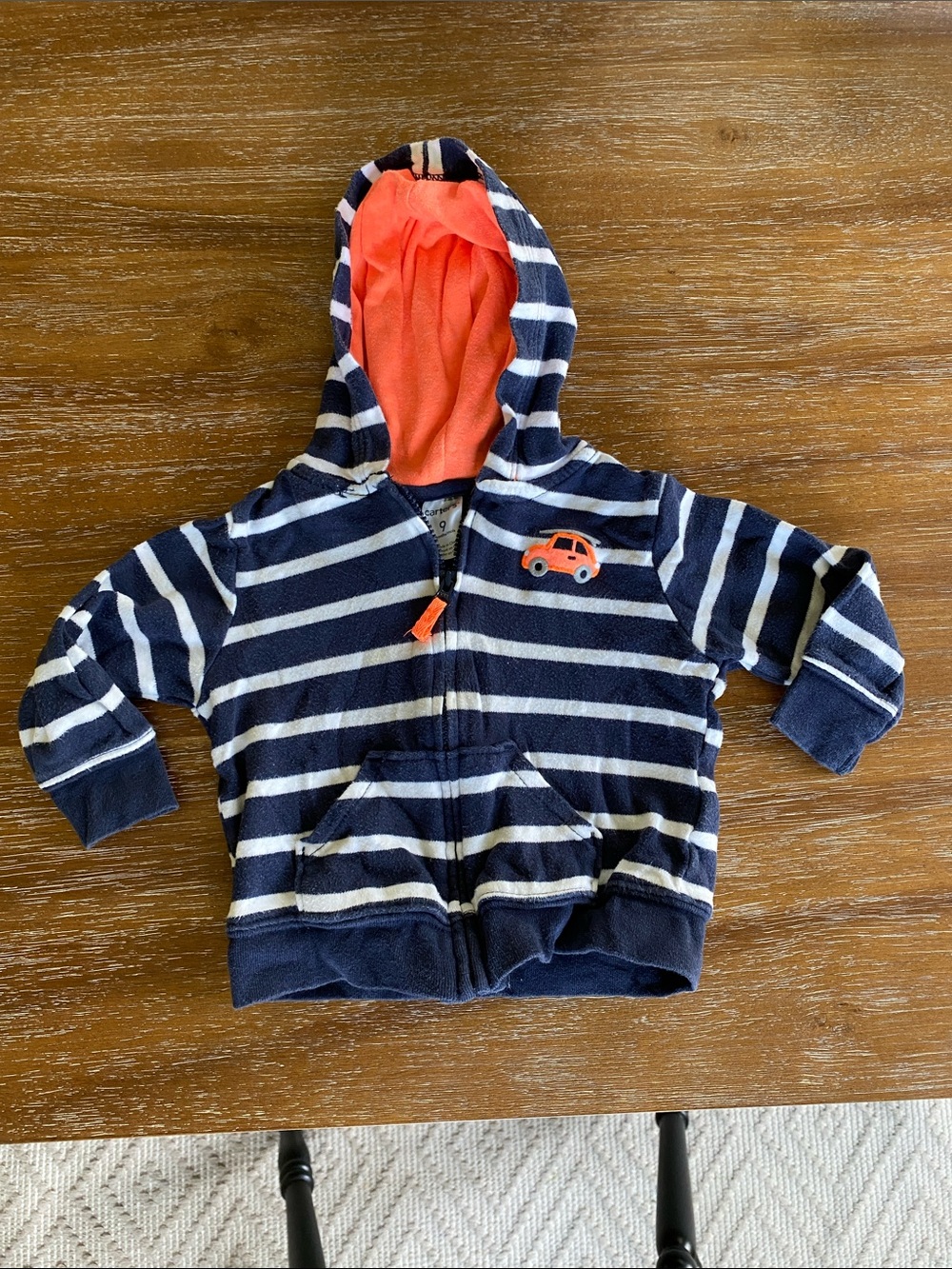 Carter’s 9 Month Navy & White Striped Hoodie with Orange Lining - Kids